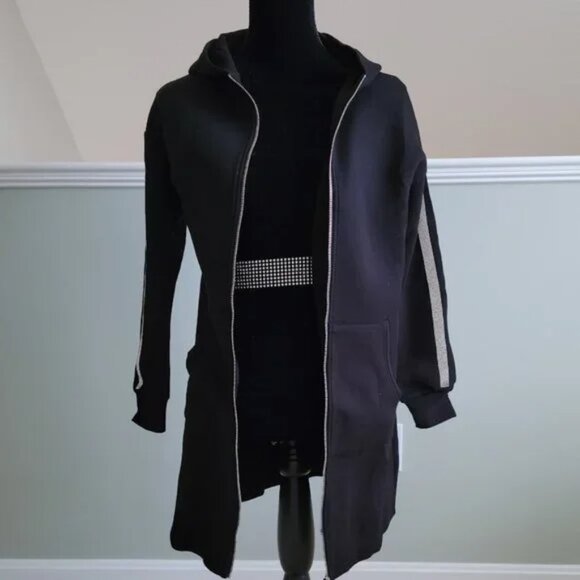 Boston Proper Rhinestone Clear Crystal Trim Zip Up Black Hoodie Jacket XS NWOT - Picture 3 of 7